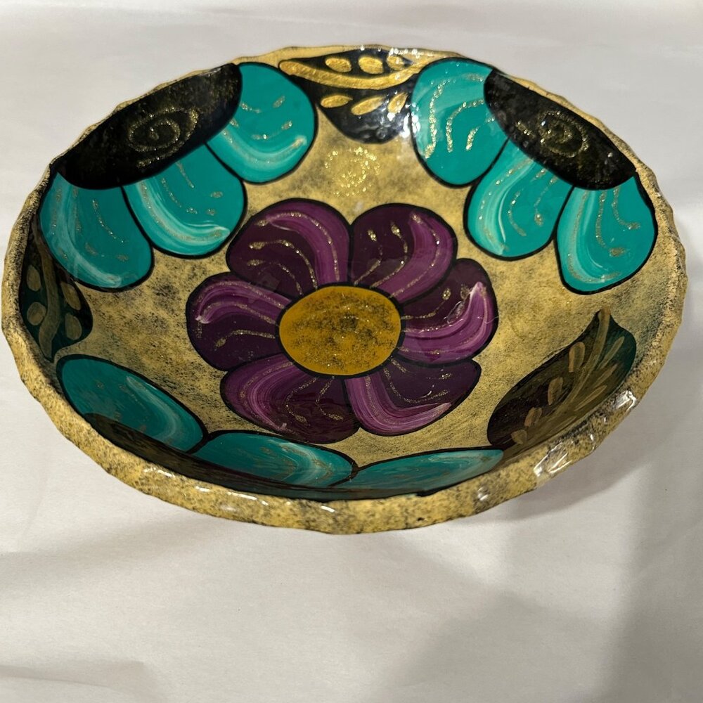 Unsigned Mexican Los Cabos tan teal purple gold footed pottery floral 9.5” dish